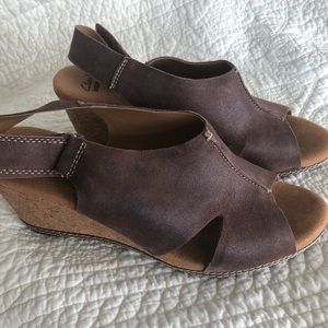 Clarks brown leather wedges size 10